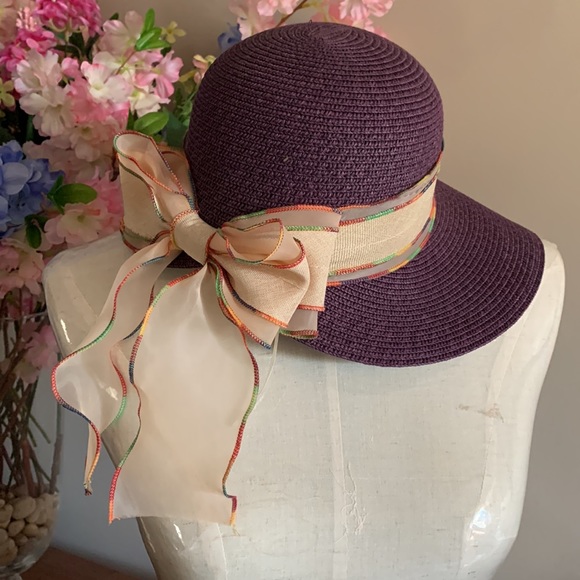 Wide brim straw sun hat with ribbon, EUC - Picture 4 of 11